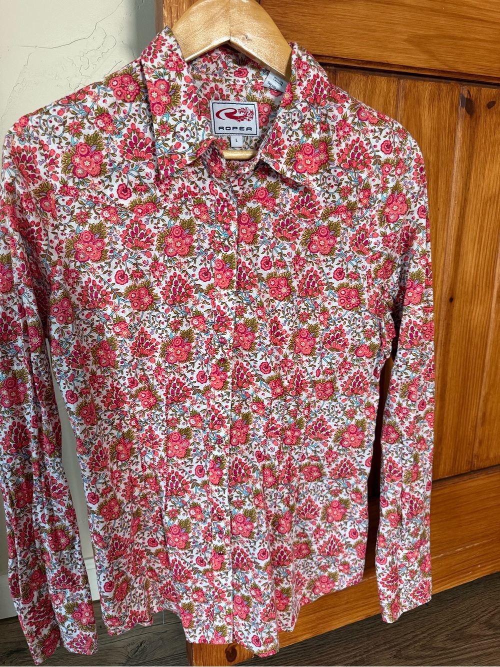 Roper Western Pink Floral Pearl Ruby Snap Long Sleeve Cotton Blouse size large